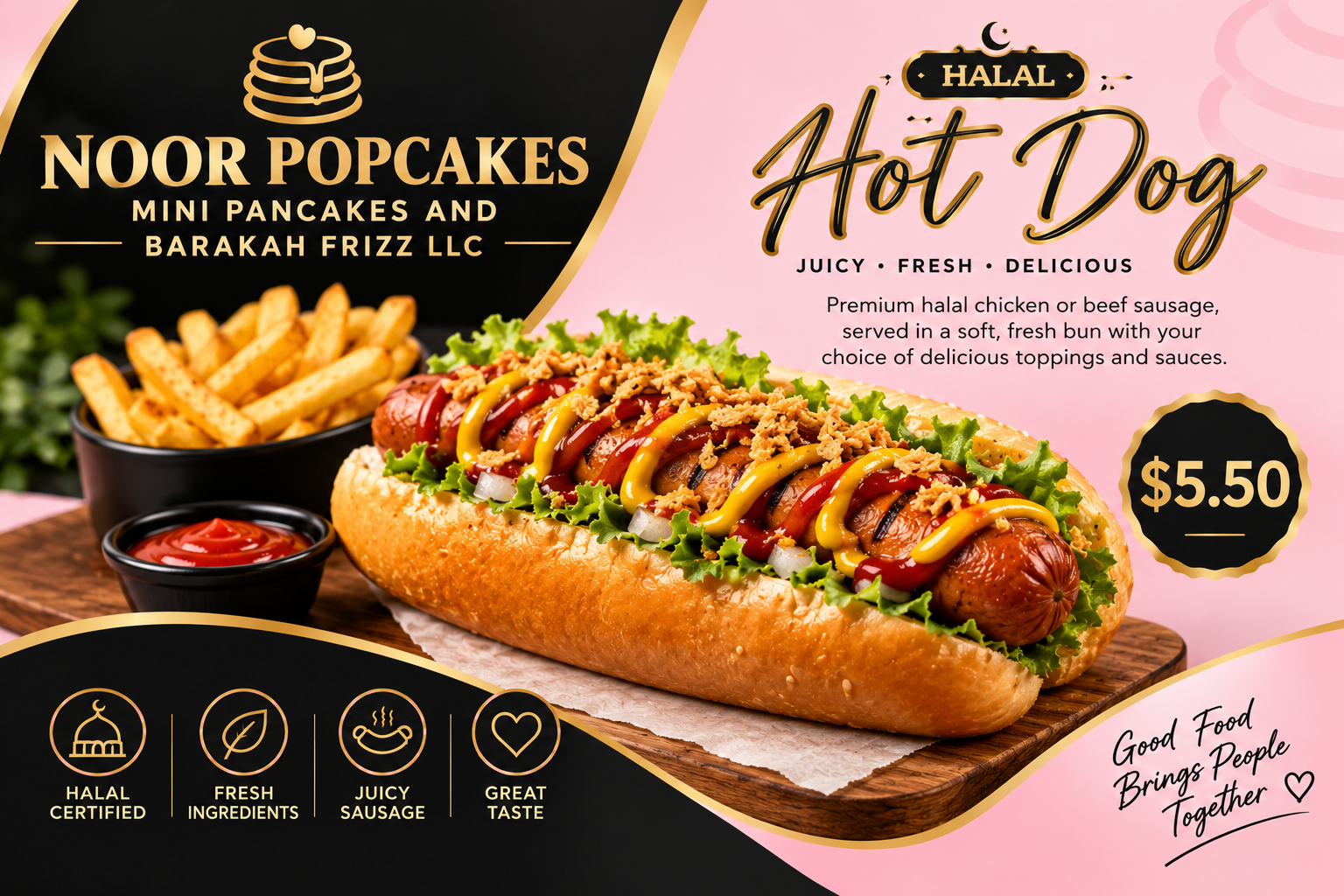 Halal hot dog in a soft bun with mustard and ketchup.