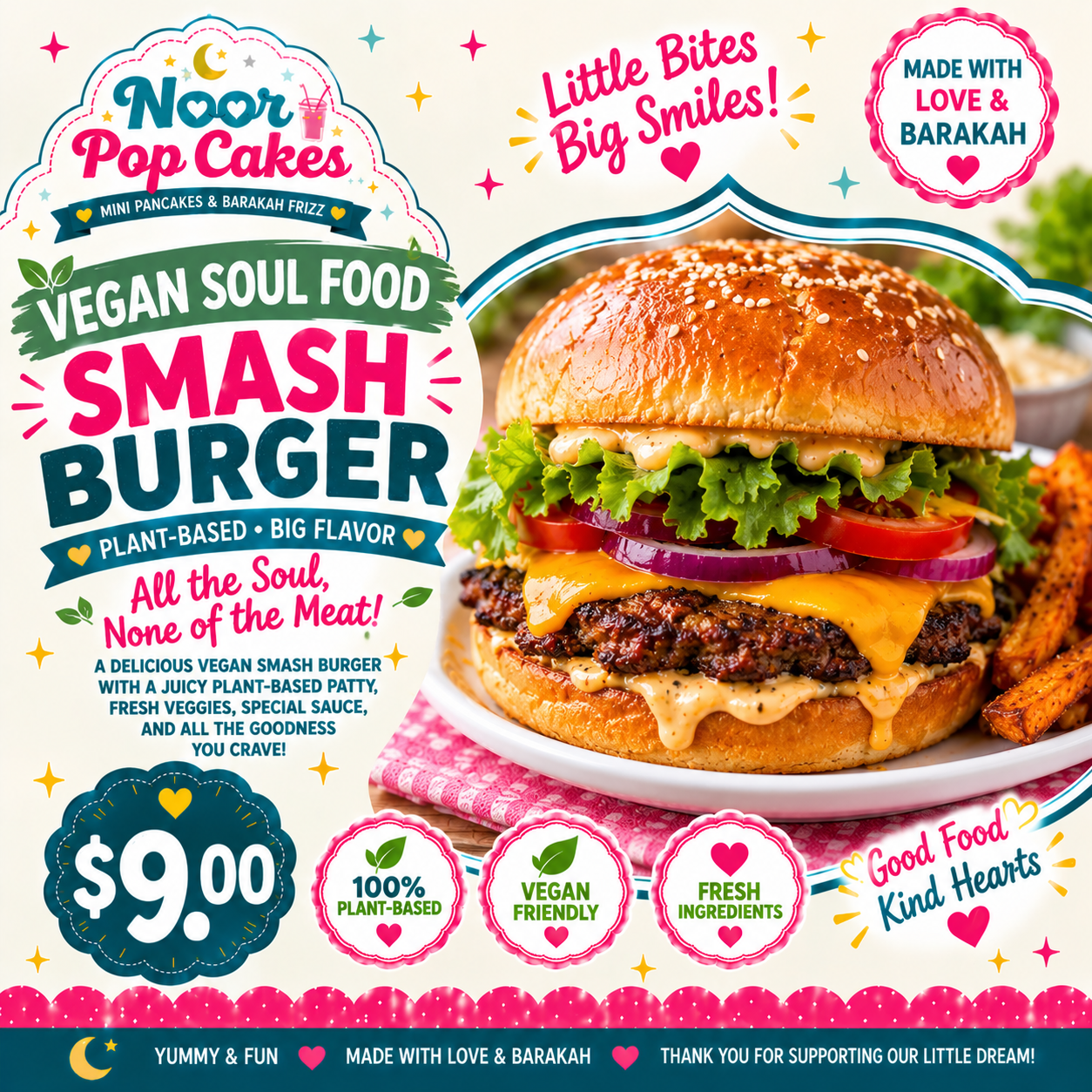 Noor Popcakes vegan soul food smash burger with plant-based patty, vegan cheese, lettuce, tomato, onion, and house sauce.