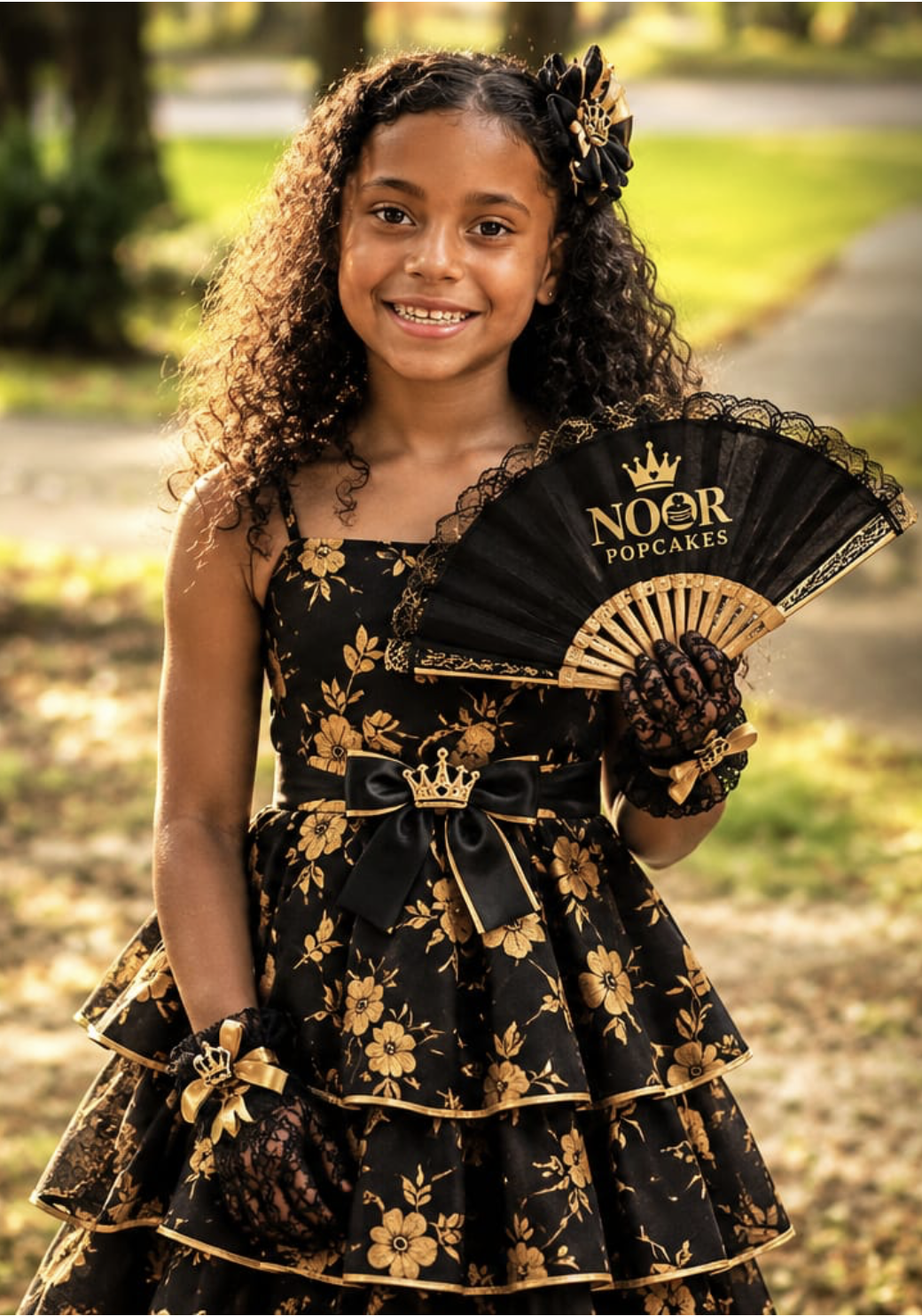 Naomi Russo, age 8, co-founder and junior chef at Noor Popcakes, in an elegant black and gold dress