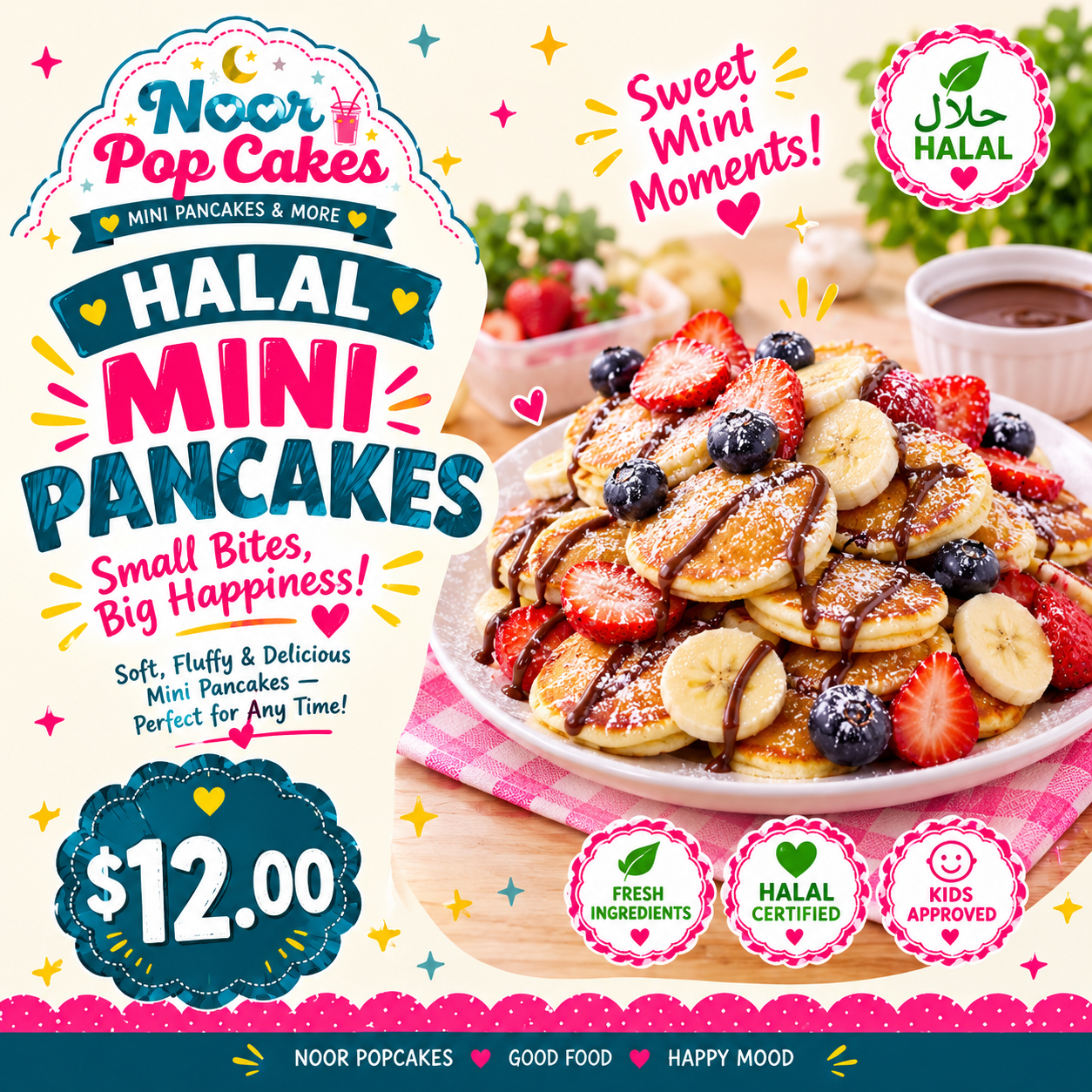 Noor Popcakes halal mini pancakes topped with strawberries, blueberries, bananas, powdered sugar, and chocolate drizzle.
