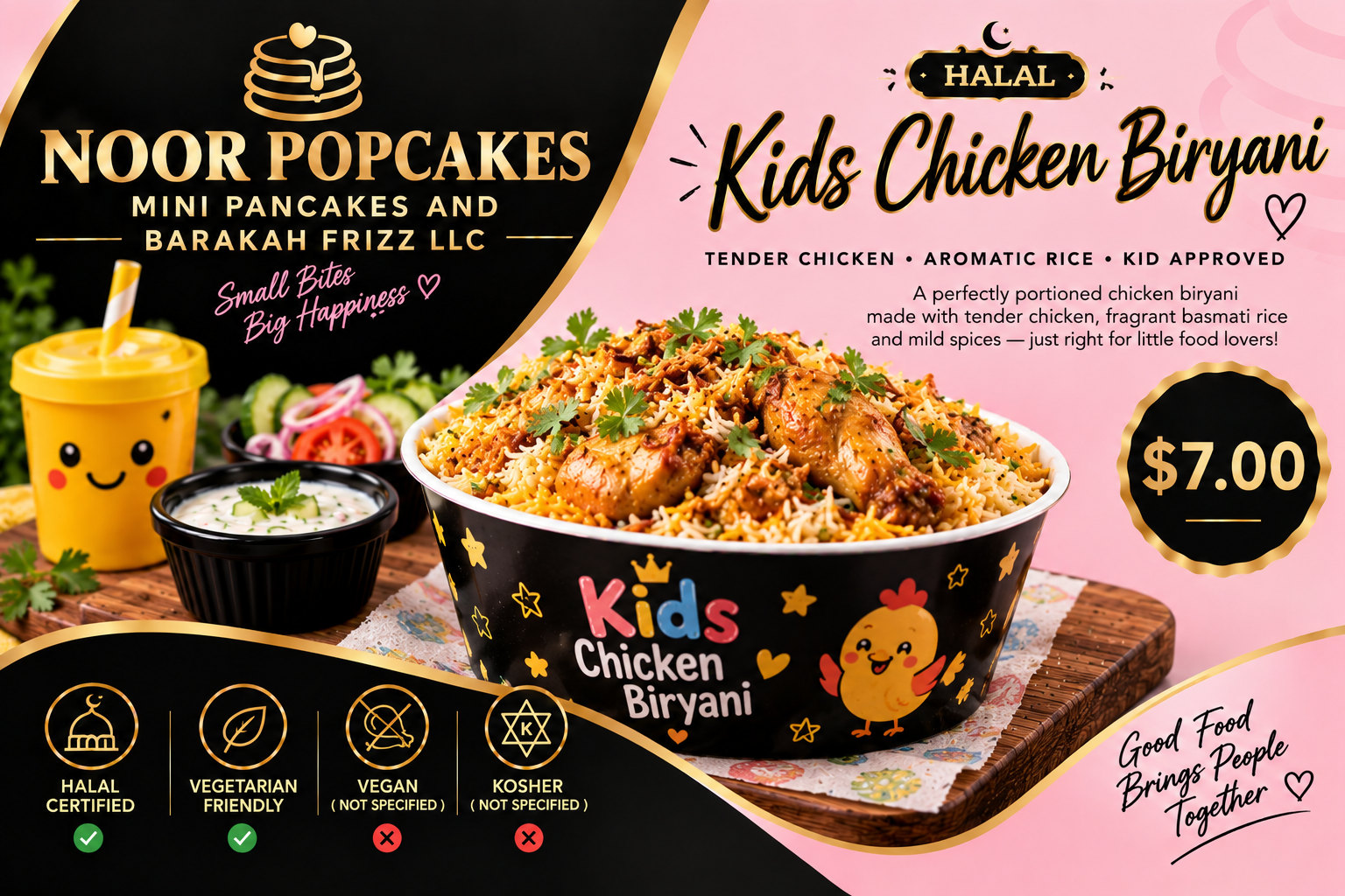 Kid-sized bowl of fragrant chicken biryani with seasoned rice.