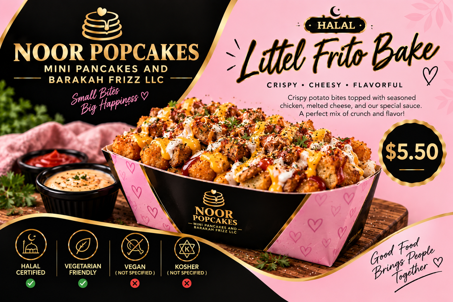 Little Frito bake of corn chips layered with seasoned toppings and cheese.