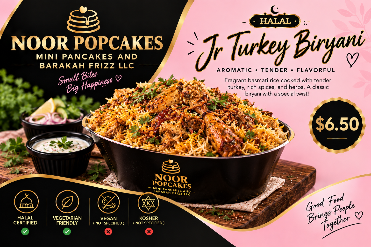 Kid-sized bowl of halal turkey biryani with seasoned rice.