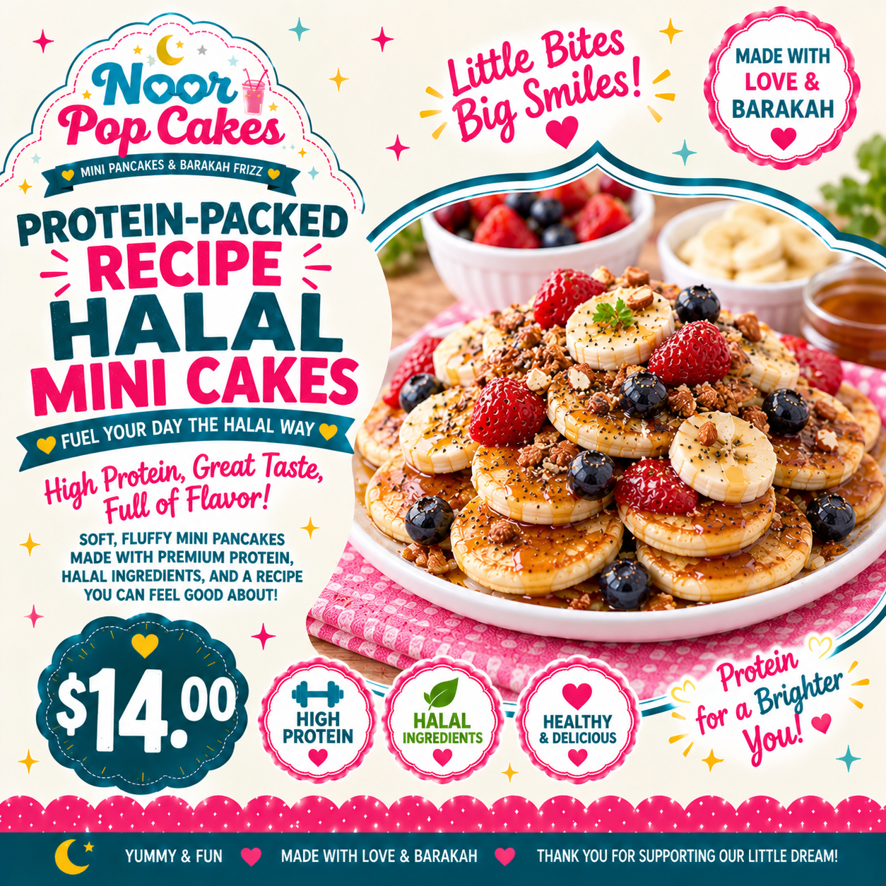 Noor Popcakes protein-packed halal mini cakes topped with bananas, strawberries, blueberries, and granola.