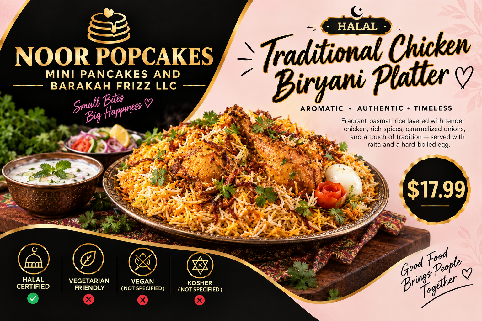 Platter of traditional chicken biryani with saffron rice and tender chicken pieces.