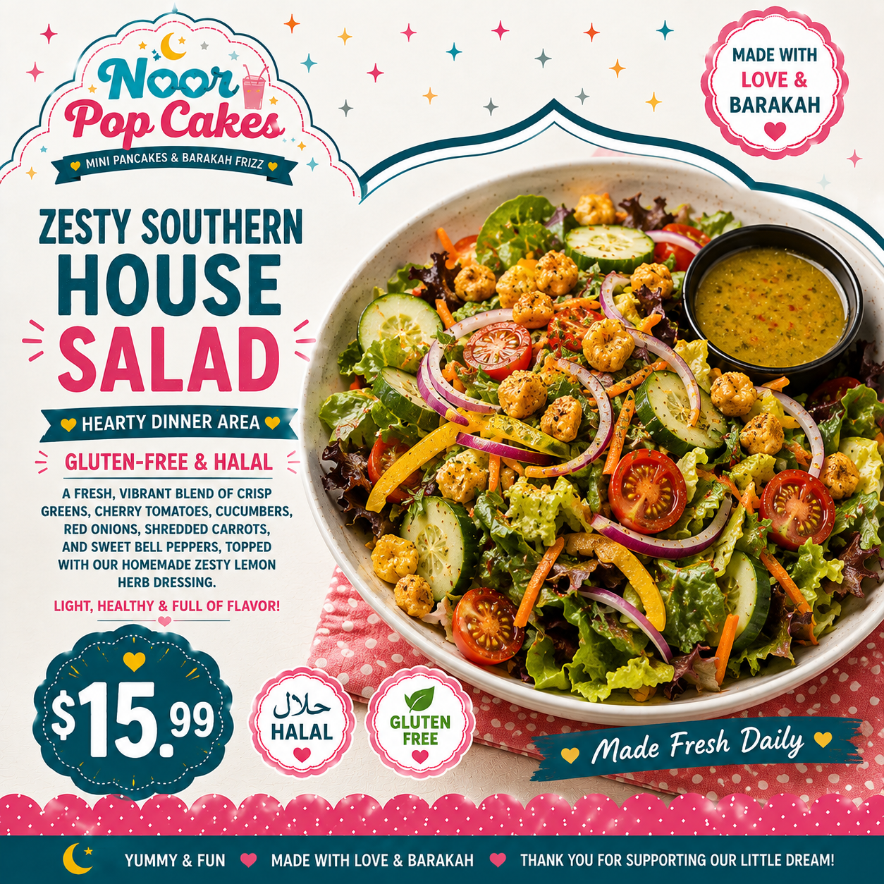 Noor Popcakes zesty Southern house salad with mixed greens, cherry tomatoes, cucumbers, carrots, peppers, onions, and chickpeas.