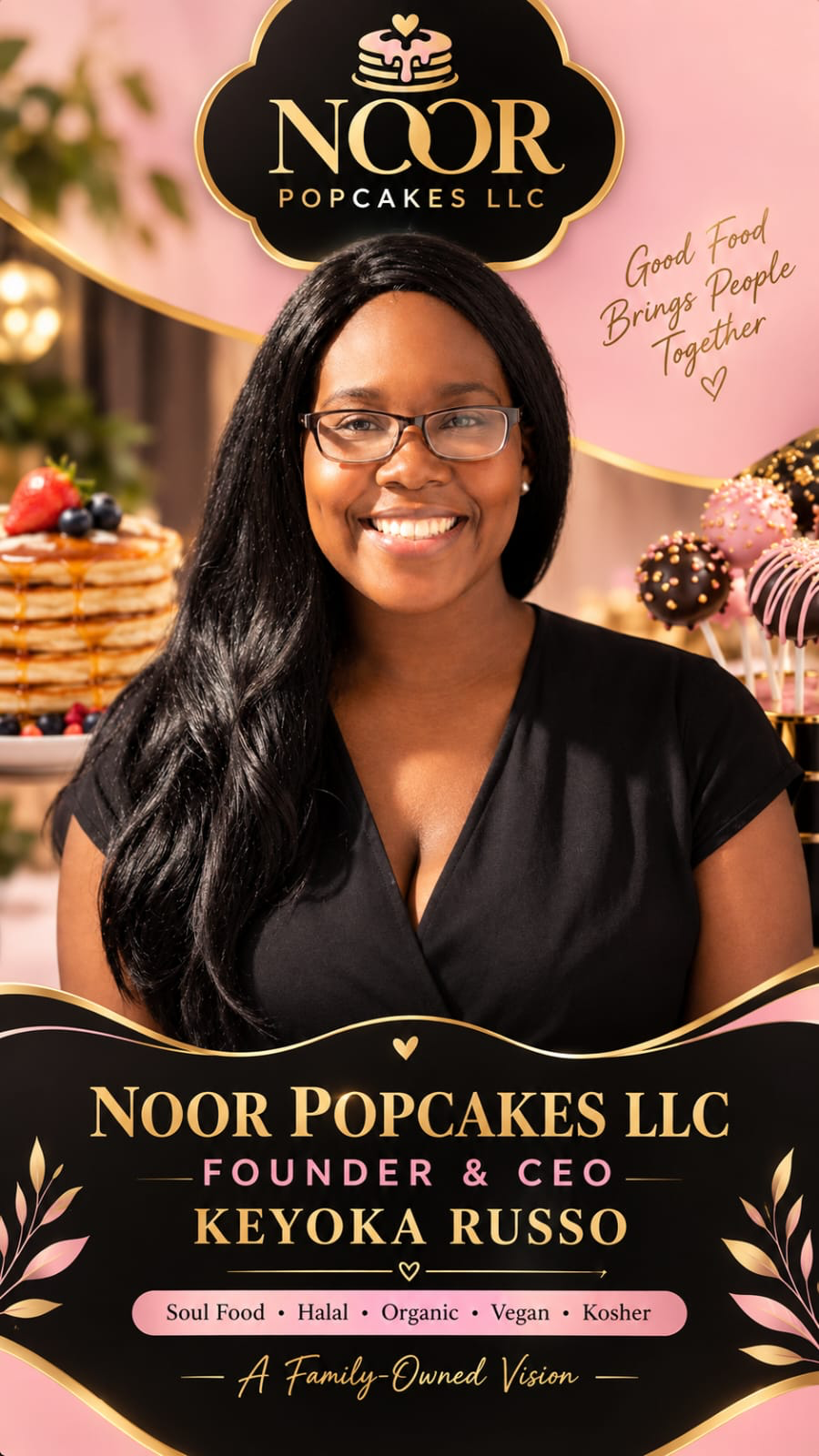 Keyoka Russo, founder and CEO of Noor Popcakes, standing beside a stack of pancakes and cake pops