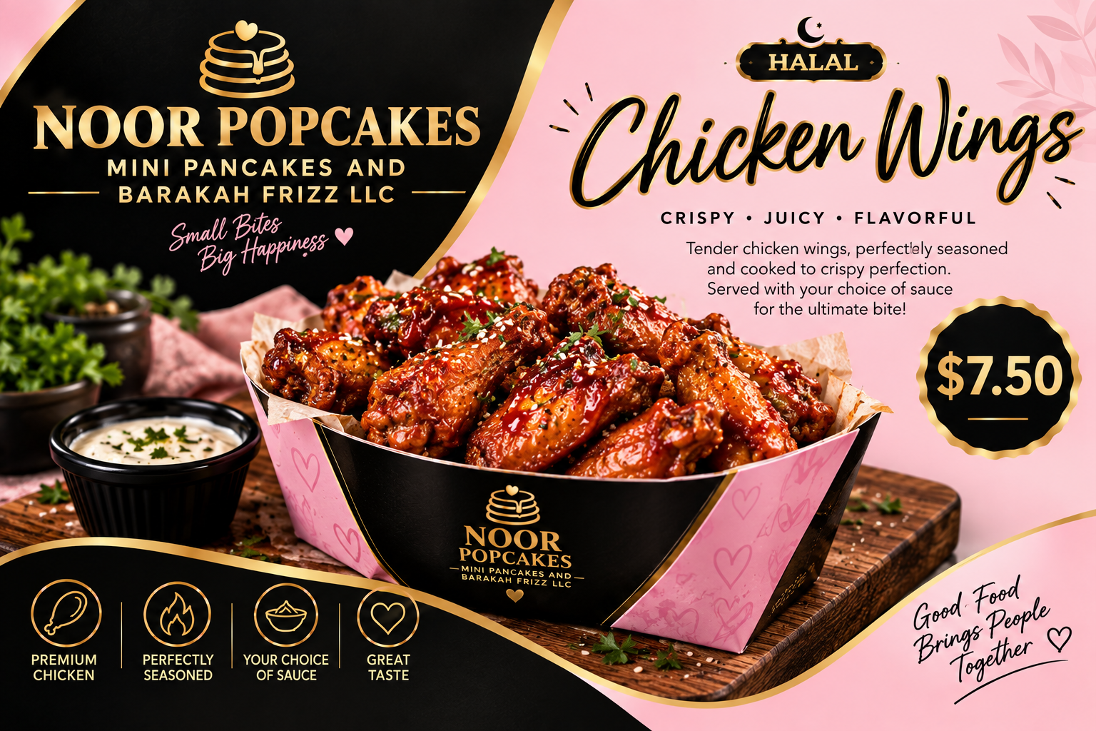Crispy golden halal chicken wings.