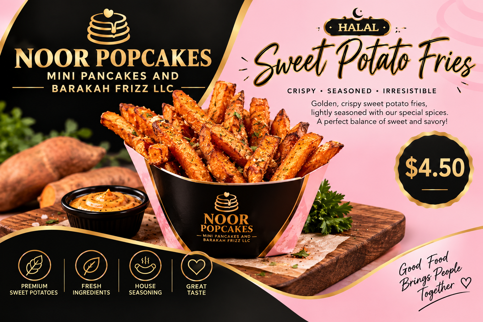 Crispy golden sweet potato fries in a paper basket.